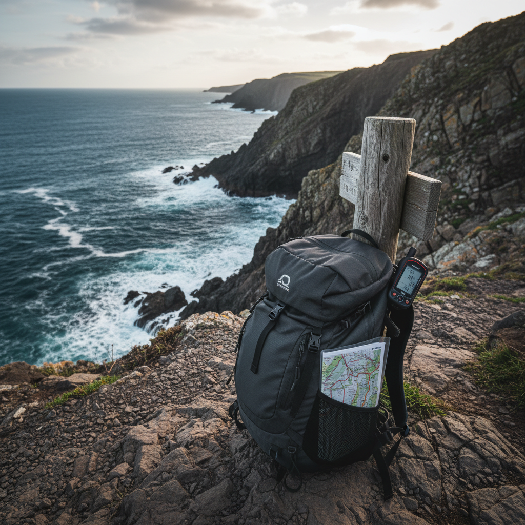A dramatic cliffside coastal trail carved into rugged stone, overlooking a tumultuous deep-blue ocean far below. In the foreground, a sleek, dark-colored technical backpack leans against a weathered wooden signpost, with a folded, transparent trail map tucked into a mesh side pocket and a compact GPS unit clipped to the strap. Late afternoon light cuts through a thin veil of cloud, creating a sophisticated interplay of highlights and shadows on the jagged rocks and churning water. Shot from a low angle with the backpack in sharp focus and the coastline sweeping away in crisp detail, the composition balances adventure and careful planning. The mood is bold yet controlled, with photographic realism and a cool, muted color scheme that emphasizes texture and depth.