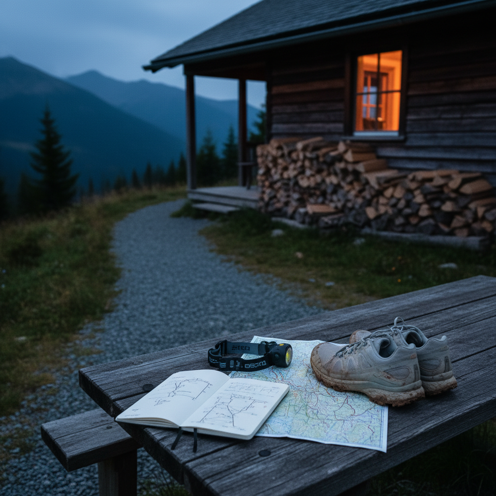 A secluded mountain cabin trailhead at dusk, where a narrow gravel path begins beside a small wooden structure with a covered porch and stacked firewood. On a rustic outdoor table rests a carefully arranged set of gear for an upcoming trek: a minimalist notebook open to a handwritten route outline, a folded regional map, a compact headlamp, and a pair of neatly placed trail runners dusted with dry mud. Soft blue hour light settles over the scene, while a warm amber glow spills from the cabin’s window, casting gentle reflections on the table surface. Captured from a three-quarter angle with moderate depth of field, the composition suggests an author quietly preparing for a week of trail reports. The atmosphere is intimate, thoughtful, and slightly nostalgic, depicted in photographic realism with subdued, sophisticated tones.
