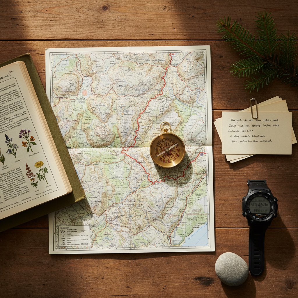 A detailed overhead view of a large wooden table inside a cozy study, covered with nature travel planning materials. A central, unfolded topographic map shows intricate contour lines, with a slim compass resting precisely on a marked route. Around it lie a lightly scuffed trail guidebook, a small stack of neatly organized index cards, and a modern, weatherproof hiking watch with an altimeter display. A single evergreen branch and a smooth river stone add organic texture, hinting at past journeys. Warm, indirect window light from the side creates soft shadows and subtle highlights on the paper’s fibers and the wood grain. Shot from a true bird’s-eye view with sharp focus throughout, the composition feels organized and intellectual, evoking the workspace of a sophisticated trail hiker and author. The style is clean photographic realism with a warm, natural palette.
