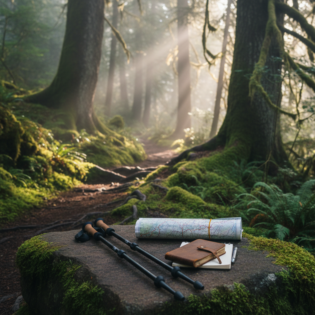 A pristine forest trail in early morning, a ribbon of damp, dark soil bordered by mossy roots and ferns, curving gently through towering old-growth trees. A neatly arranged set of ultralight hiking gear rests on a flat boulder beside the trail: a compact trekking pole pair, a rolled, weatherproof map with route lines visible, and a small, well-worn field notebook with a pen. Soft, diffused mist filters the pale sunlight, creating a subtle glow and delicate beams between branches. Captured at eye level with the gear in the foreground and the trail fading into bokeh behind, the composition suggests the quiet beginning of a thoughtful trip report. The atmosphere is peaceful and studious, rendered in photographic realism with a refined, natural palette of deep greens, browns, and silvery grays.