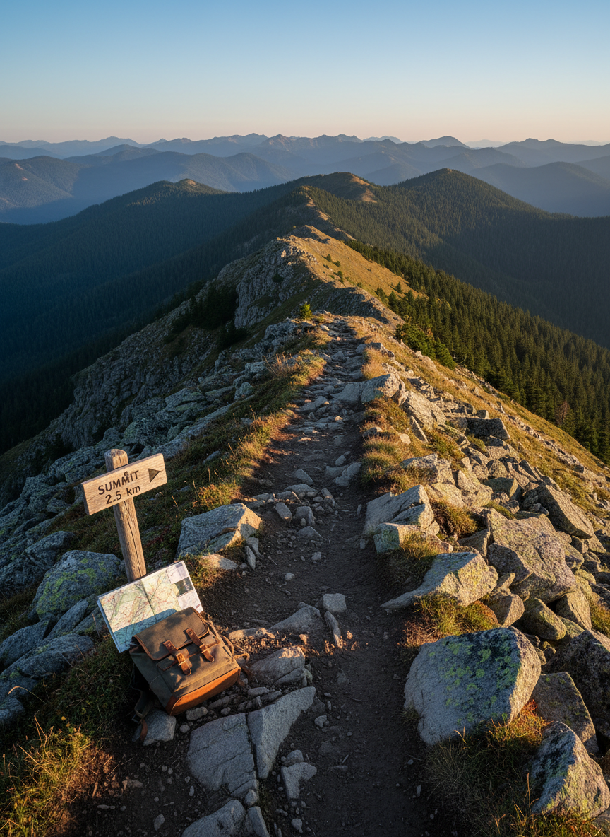 A narrow alpine hiking trail of packed earth and scattered granite, winding along a high ridgeline above a sweep of pine forests and distant blue mountains. Weathered wooden trail markers and a faded topographic map tucked into a small open backpack sit at the trail’s edge, suggesting a careful, experienced traveler. Late afternoon golden hour light grazes the peaks, casting long, crisp shadows across the path and illuminating the texture of lichen-covered rocks. Photographed from a slightly elevated, wide-angle perspective with sharp focus throughout, the composition leads the eye along the trail toward the horizon. The mood is serene and contemplative, with photographic realism and a sophisticated, understated color palette of deep greens, slate grays, and warm amber highlights.