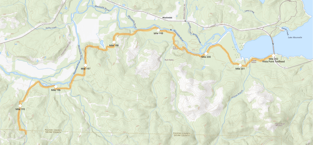 Detailed map highlighting mile markers 195 to 202 along a scenic route, featuring terrain contours and nearby water bodies.