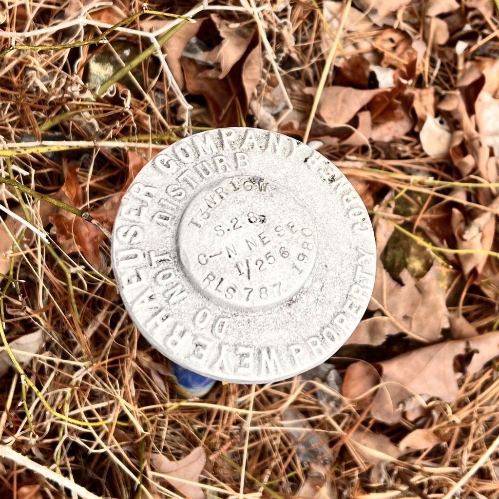 A metal survey marker placed in the ground, partially covered by leaves and grass. The marker features engraved text indicating the surveying company, location coordinates, and a warning not to disturb.