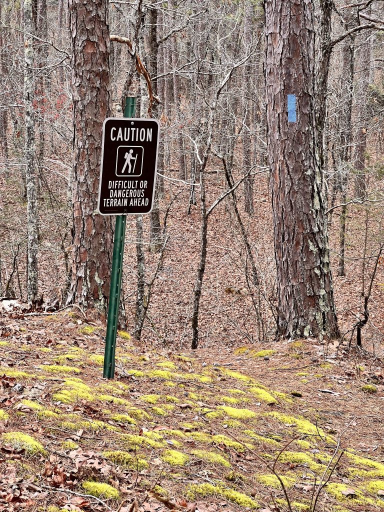 A caution sign indicating difficult or dangerous terrain ahead, placed in a wooded area with pine trees and moss-covered ground.