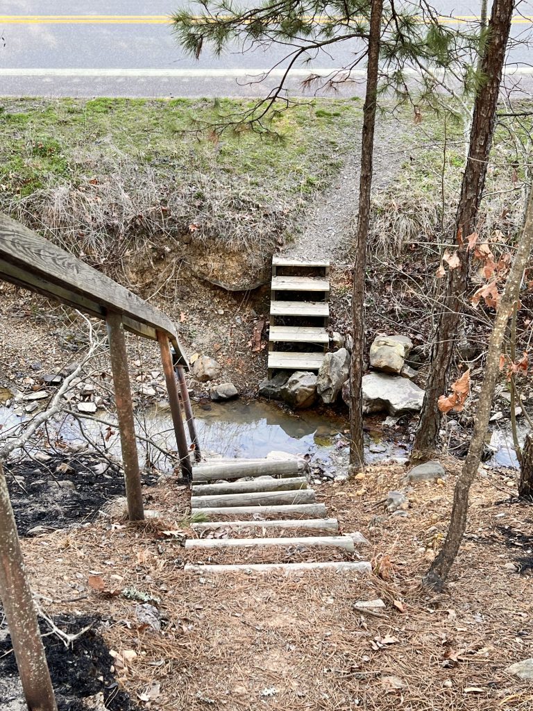 A wooden staircase leading down to a small stream with rocks and trees surrounding the area, alongside a road.